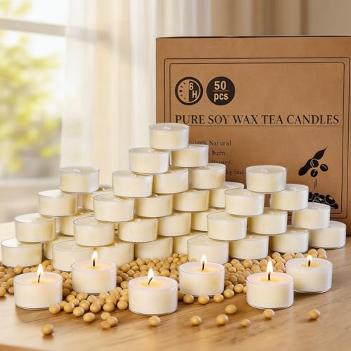UGBEM 50 Stück Sojawachs Teelichter, 6 Stunden Duftfrei Tealights | 100% Sojawachs paraffinfrei ungiftig, vegan, in durchsichtiger Tasse für Hochzeit, Party Dekorationen