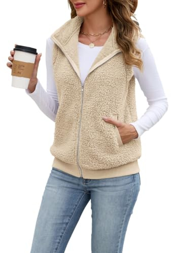 POMTIMCO Teddy Fleece Weste Damen Herbst Winter Plüsch Ärmellos Fleeceweste | Casual Einfarbig Teddyfell Weste, Lässig Damenweste mit Stehkragen, Modisches Teddyjacke für Alltag, Urlaub, Party, Club