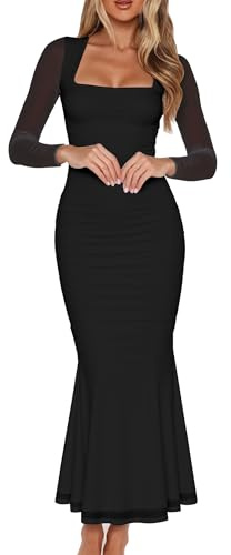 BORIFLORS Women's Ruched Bodycon Long Sleeve Maxi Dress Mesh Square Neck Cocktail Party Long Dresses, Medium, Black