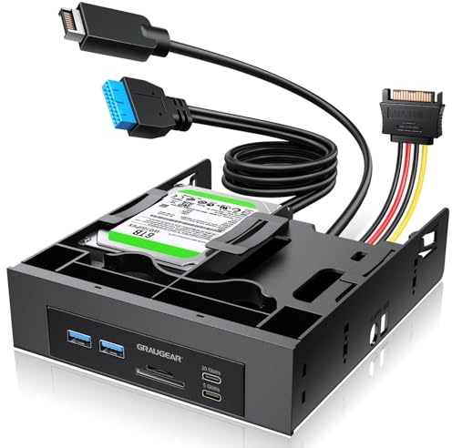 GRAUGEAR Hub USB pannello frontale da 5,25, lettore di schede SD/microSD interno per PC desktop, porta USB-C Gen2x2 20Gbps, doppio slot SSD/HDD da 2,5, USB 3.2 Type-E Key-A e USB 3.0 19-Pin Header