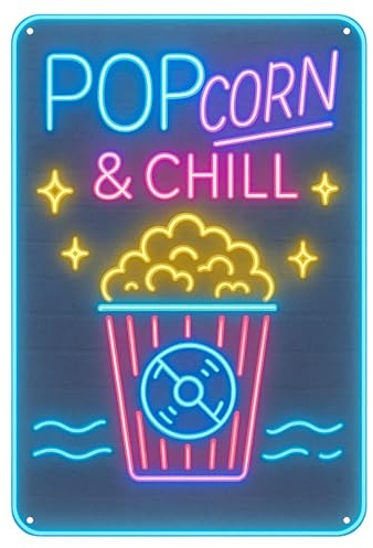 Blechschild „Popcorn & Chill“ – Neon Kino Motiv mit Popcornbecher 20x30 cm – Vintage Metallschild – Film-Deko für Heimkino, Wohnzimmer & Partyraum
