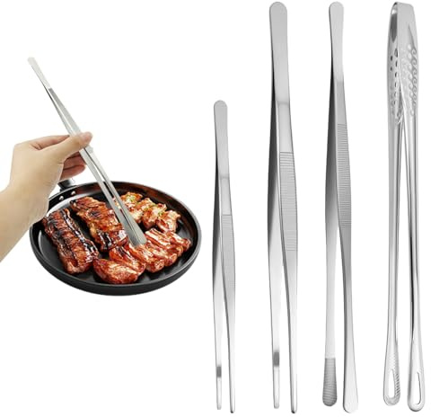 4 Pezzi Pinze da Cucina (25 cm, 28cm e 30 cm), Pinze Chef, Pinza Chef Professionali, Acciaio, Design Seghettato per Una Presa Salda, Adatte per Chef, Bistecche, Barbecue, Cucinare