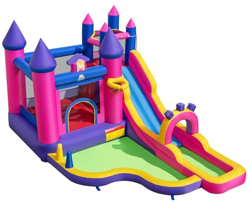 COSTWAY Castillo Hinchable para Niños, Parque Infantil Acuático Tema de Princesas con Tobogán Largo, Canasta de Baloncesto, insuflavel criança para Niños, Jardín, Césped, 460x290x245 cm (sin Soplador)