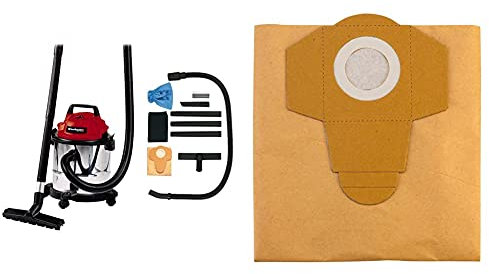 Einhell Aspirateur eaux et poussières TC-VC 1812 S (1250 W, 180 mbar, Cuve en INOX 12 L anticorrosion) & Accessoire 5 Sacs de Rechange pour aspirateur 20 l pour TH-VC 1815 / TH-VC 1820/1 S