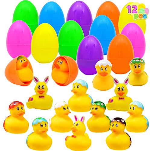 JOYIN 12 Stück gefüllte Ostereier mit Gummiente, Bunte Ostereier mit verschiedenen gelben Enten zum Spaß, Ostern Eier für Ostern Partyzubehör, Osterkorb Füllstoffe, Osternest