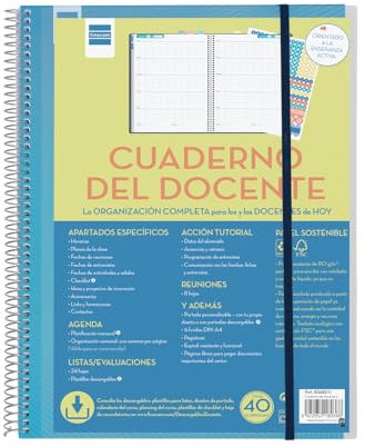 Finocam Lehrerheft, Woche, undatierte Seite, Lehrerheft mit 24 Bewertungsblättern für 40 Schüler, personalisierbares Cover und Innenhülle, 230 x 310 mm, Spanisch