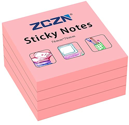 ZCZN Sticky Notes 3 x 3 in, 100 Sheets/Pad, 4 Pads, Pink