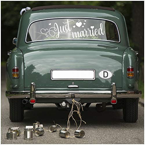 Aufkleber Folie Just Married für Hochzeitsauto Autoaufkleber Heck Wandaufkleber Wandtattoo Hochzeit Trauung Heiraten Sticker Selbstklebend Dekoration (Weiß, KX057 Just Married 3)