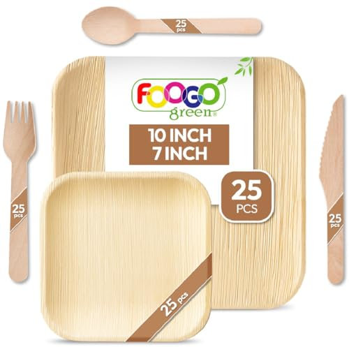 FOOGO Green 125pcs Disposable Palm Leaf Plates and Wooden Cutlery Set, FSC® Certified, 25x Large Square, 25x Small Side Plates, 25x Spoons, 25x Forks, 25x Knives, Eco Friendly