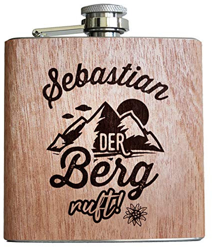 Der Berg ruft Holz Flachmann mit Gravur personalisiert mit Name Geschenk Männer Wandern Bergsteiger Gipfelstürmer