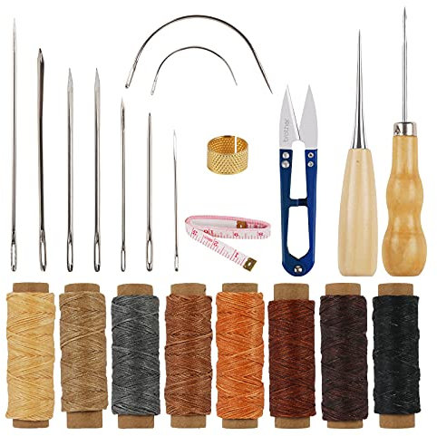 BAMZOK Leder Nähen Werkzeug Set DIY Wachsfaden Ledernähset mit Nadeln Nähfaden Nähahle Fadenschere Fingerhut Maßband für Ledernähen Lederreste Lederbearbeitung