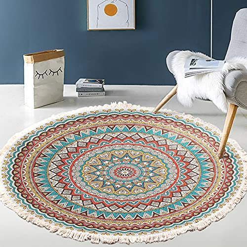 Vintage Boho Baumwolle Teppiche Mandala Muster Waschbar Handgewebte Böhmische Runder Teppich mit Quasten für Schlafzimmer Flur Wohnzimmer Couchtisch Fußmatten,Waschmaschinenfest,120CM Blumen #12