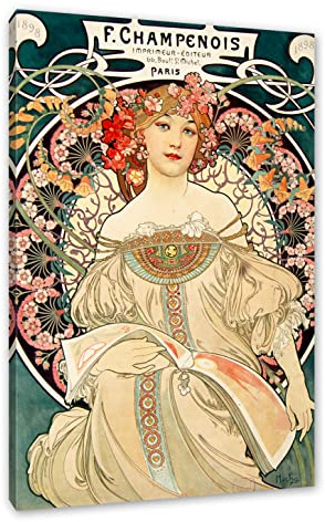 Alfons Mucha - Frau umringt von Blumen als Leinwandbild / Größe: 120x80 cm / Wandbild / Kunstdruck / fertig bespannt, Weiß