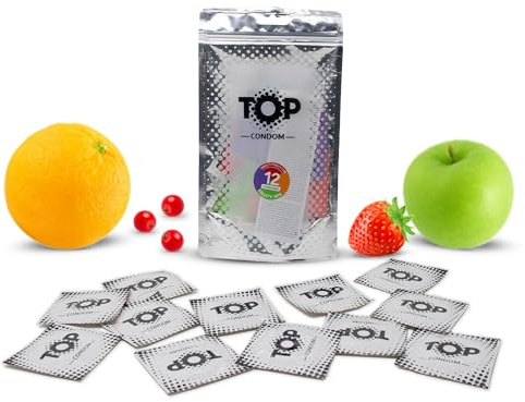 TOP Kondome 12 Stück Packung, Fruity Mix, natürlich und gefühlsecht, aus Latex, mit Reservoir, Durchmesser 53 mm, für Männer