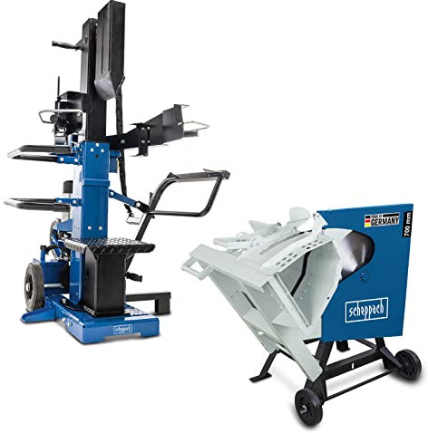 Scheppach Compact 15T Holzspalter stehend | 15 Tonnen Spaltkraft 400V 3500W | Meterholz bis 1070mm + Scheppach Wippkreissäge Brennholzsäge HS720 Wippsäge mit Schutzvorrichtung | 400V Anschluss