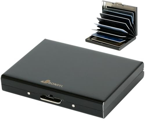 BONSYL® Porta Carte di Credito Portafoglio con Blocco RFID con 8 Scomparti, per Donna e Uomo, Porta Carte di Credito in Metallo in Acciaio Inossidabile. (8 Carte/Nero)