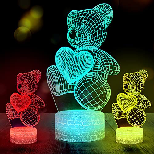 LOMUG 3D Teddybär Illusion Lampe, Geschenke Für Mütter, Muttertags Geschenk, LED Nachtlicht mit 16 Farben Ändern und Fernbedienung, Geschenke für Kinder Frauen Weihnachts Jahrestag geschenk Geburtstag
