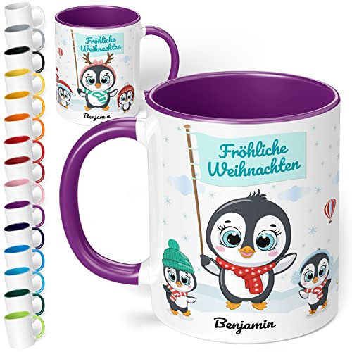 True Statements Weihnachtstasse mit Namen personalisiert „Fröhliche Weihnachten“ - mit Pinguin-Motiv - 330ml Keramik Kaffeebecher mit Spruch - Geschenk zu Weihnachten (Violett)