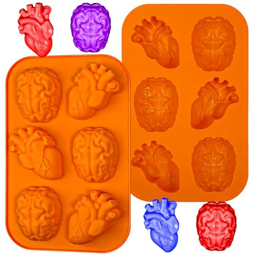 Kamehame Gehirn und Herz Kuchenform, 2 Stück Silikon Jello Formen, Halloween Simulation Menschliches Organ Cupcake Muffin Formen, Orange