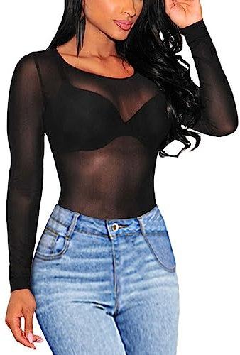 MAYFASEY Women's Basic Long Sleeves Mesh Sheer Tops See Through Blouse Clubwear, Black, XL