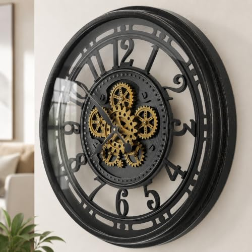 TOKTEKK 70cm Large Wall Clock, Black Gold Arabic | Real Moving Gears, Battery Operated, Modern Metal Decorative, Oversize Industrial Steampunk, Living Room Decor