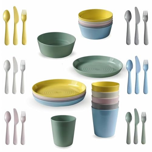 PriceKingX Plastic Dinnerware Set - 36pcs Kalas Dinner Set - Plates, Tumblers, Bowls & Cutlery - Lightweight, Reusable & Dishwasher Safe for Home Kitchen or Picnics use (36x Dinner Set)