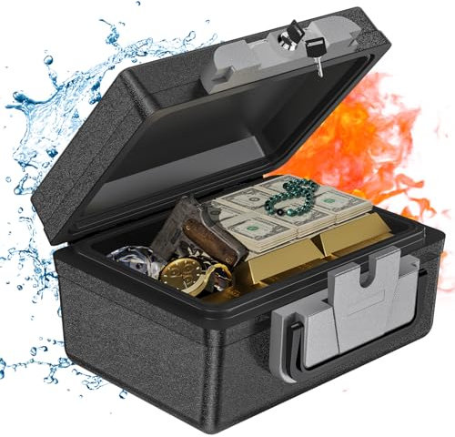 WASJOYE Cassaforte portatile, Cassetta di Sicurezza ignifuga impermeabile con serratura a chiave e maniglia, 6.8L Cassaforte trasporto per casa, viaggi, documenti, contanti (16.8 * 32.4 * 39cm)