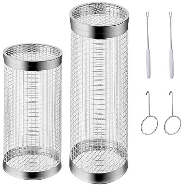 Paquete de 2 cestas para parrilla rodantes, cesta para parrilla de acero inoxidable con tenedor, para camping y terraza, parrillas gratis, para verduras, patatas fritas, pescado, carne (20cm+30cm)