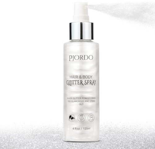 Pjordo Spray Paillettes Corps, 120ml Poudre Éclatante Argentée pour Corps, Cheveux et Vêtements, Éclat Naturel & Non Collant, Surligneur à Éclat Instantané pour Festivals, Raves, Scènes et Soirées