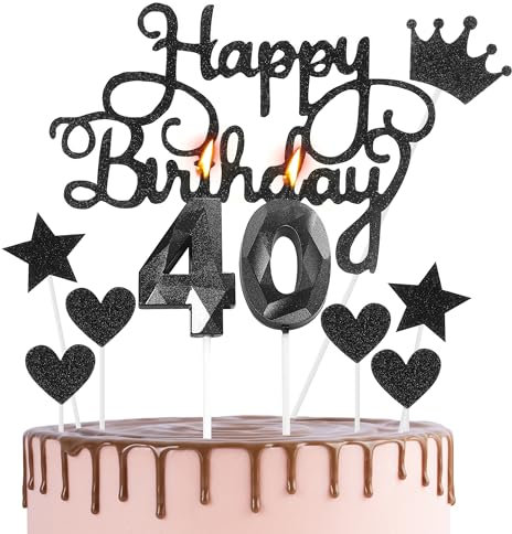 Happy 40th Birthday Cake Topper & Black Number 40 Candles - 40th Birthday Candles Cake Cupcake Topper Decorations for Women & Men