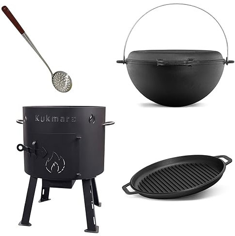 SET Kukmara Utschak Uchag 40 cm mit BRIZOLL 12 Liter Kasan Kazan aus Gusseisen + GRILL PfannenDeckel Feldküche Gulaschkessel FeuerOfen Outdoor dutch oven