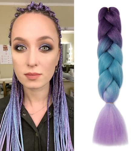 Dcbaboo Braids Extensions Kunsthaar zum Einflechten 1 Stücke Ombre Braiding Hair Kanekalon Haare zum Einflechten Haarverlängerung Zöpfe Afro Crochet Box Braids Flechten 100g, Lila & Blau & Helles Lila
