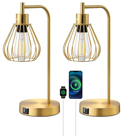 EDISHINE Bedside Lamps Set of 2, Dimmable LED Table Lamp, Teardrop Cage Lampshade, USB Charging Ports, Touch Lamps for Living Room, Bedroom, E27 Socket, Bulb Included, Gold