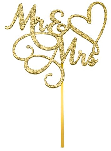 Mr & Mrs Cake Topper, 6Inch Wedding Engagement Cake Picks Bridal Shower Anniversary Theme Birthday Party Glitter Cake Cupcake Decorations Supplies, Gold