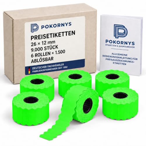 Pokornys - Preisetiketten 26 x 12 mm für Preisauszeichner, 9.000 Stück, 6 Rollen à 1.500, leuchtgrün, ablösbar, 1-zeilig, kompatibel mit METO, Contact, Blitz, Jolly & SATO Kendo 26