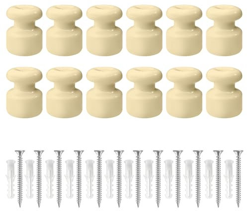 QuirkLz 12 Pezzi Isolatori in Ceramica per Cavo Elettrico Tessile – Isolatori per Cavi Trecciati, isolatori in ceramica vintage, Ø18mm, beige Lucido, inclusi viti e tasselli di ancoraggio