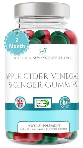Apple Cider Vinegar Gummies with the Mother & Ginger x 120 (2 Month Supply), Each Vegan ACV Natural Apple Flavour Gummy Contains 500mg of Apple Cider Vinegar & 10mg of Ginger Extract per serv