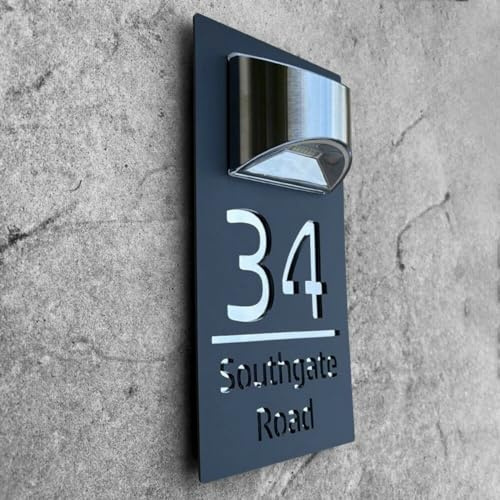 Personlig modern solplack, adressplatta upplyst med LED, anpassad 3D-lasergravering gatunamn hus adress plakett skylt, upplyst husnummer för utsidan (svart och silver)