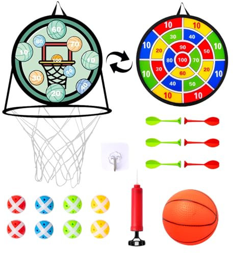 Dartscheibe Für Kinder, Dartscheibe Mit Basketballständer, Doppelseitige Dartscheibe Game Mit Klebrigen Bällen Darts, Aufblasbarer Basketball, Einhakend, Drinnen Draußen Wurfspiel Mehrfarbig
