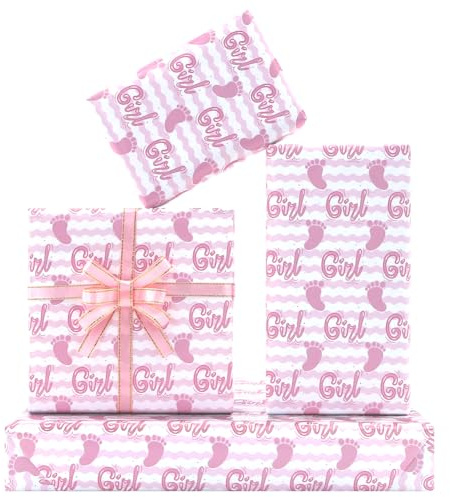 Geschenkpapier mit Aufschrift It's a Girl, Rosa und Weiße Streifen, 4 Bögen 50 x 70 cm pro Blatt mit Rosa Seidenband,Geschenkpapier für Mädchen-Geburtstagsgeschenk, Gender-Reveal-Thema, Babyparty