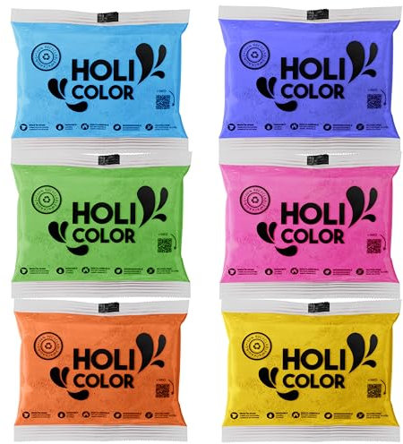 Holi Farben Pulver - Pack mit 6 Beuteln - 6 Farben - Bemale dein Holi-Fest bunt