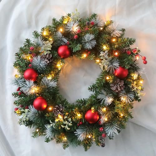 Weihnachtskranz Künstlicher Türkranz Weihnachten Adventskranz Weihnachten Kränze Tannenkranz mit Bunten Kugeln Tannenzapfen Deko für Kamin, Haustür,Wand-Fenster(Lichterkette Nicht enthalten) (40cm)