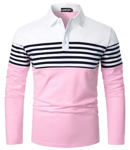 LUVCES Polo Manche Longue Homme Rayés Casual Coupe Ajustée Polo de Golf Couleur Contrastée Coton T-Shirts Tops Manches Longues Blanc + Rose M