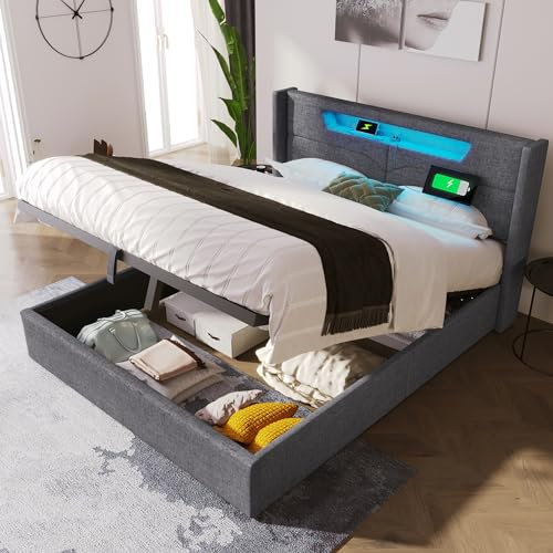 Gegtuon Doppelbett Polsterbett Bett 140x200 mit LED-Beleuchtung und USB-Ladefunktion, Gästebett mit Kopfteil Hydraulisch Stauraum, Stauraumbett Bettgestell mit Lattenrost, Leinen, ohne Matratze, Grau