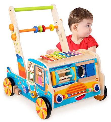 Baby Lauflernwagen Holz, Mit Geschwindigkeitskontrolle Und Aufbewahrung, 10 In 1 Multifunktion Montessori Spielzeug, Höhenverstellbar Lauflernhilfe