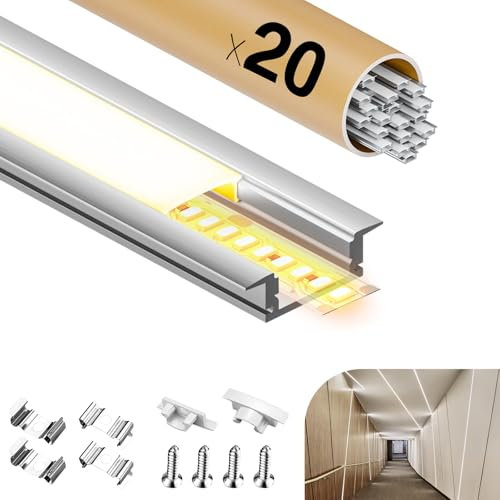 GEEKLUX Profilé LED en U aluminium - 2 m x 20 (40 m) - Pour bande Led,liste led,profilé LED - Avec couvercle blanc laiteux - Embouts et boucle à ressort - 2000 x 24,7 x 7 mm