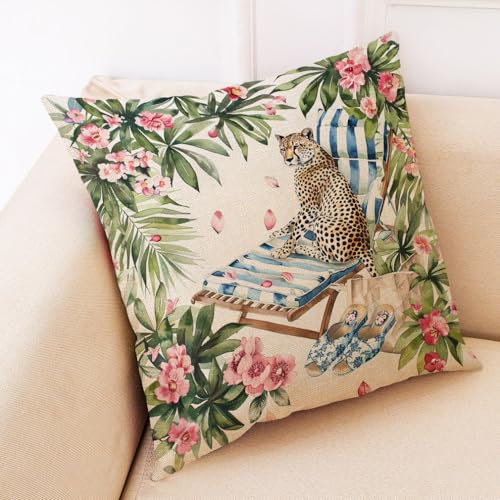 Kissenbezug 45X45 Leopard Dekokissen Sofakissen Leinen Zierkissenbezug Mit Unsichtbarer Reißverschluss,Waschbare Langlebig Outdoor Kissen,Deko Kissenhüllen Wohnzimmer