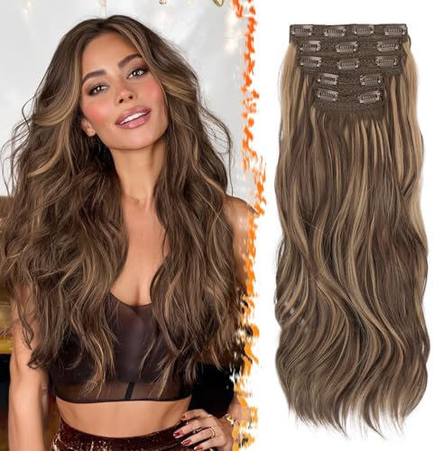 BARSDAR Clip in Haarverlängerungen Highlight, 50cm 5PCs Wellige Clip in Extensions für Frauen Natürliches Haarextension Synthetisches Haarteil Hair Extensions - Braun mit Honigblond