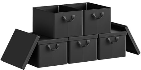 WOLTU Folding Storage Boxes, Set of 5 Closet Containers, Fabric Storage Baskets with Removable Lid and Handle, Black, 43 x 33 x 26 cm, ABB03sz-5-UK