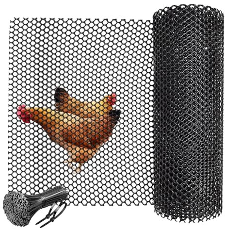 Plastic Chicken Wire Mesh Roll 6m x 40cm - Durable Hexagonal Garden Fencing Net for Poultry Breeding, Balcony Safety, Plant Protection, 100pcs Ties included, Black